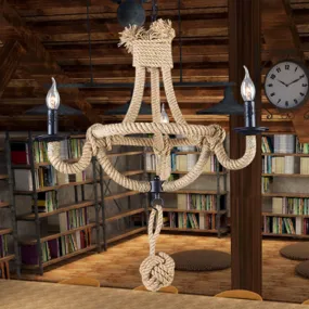 Rustic Style Candle Rope Chandelier: Beige Pendant Lighting for Dining Room (3/6 Lights)