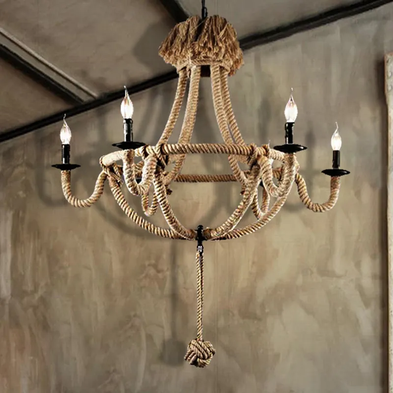 Rustic Style Candle Rope Chandelier: Beige Pendant Lighting for Dining Room (3/6 Lights)