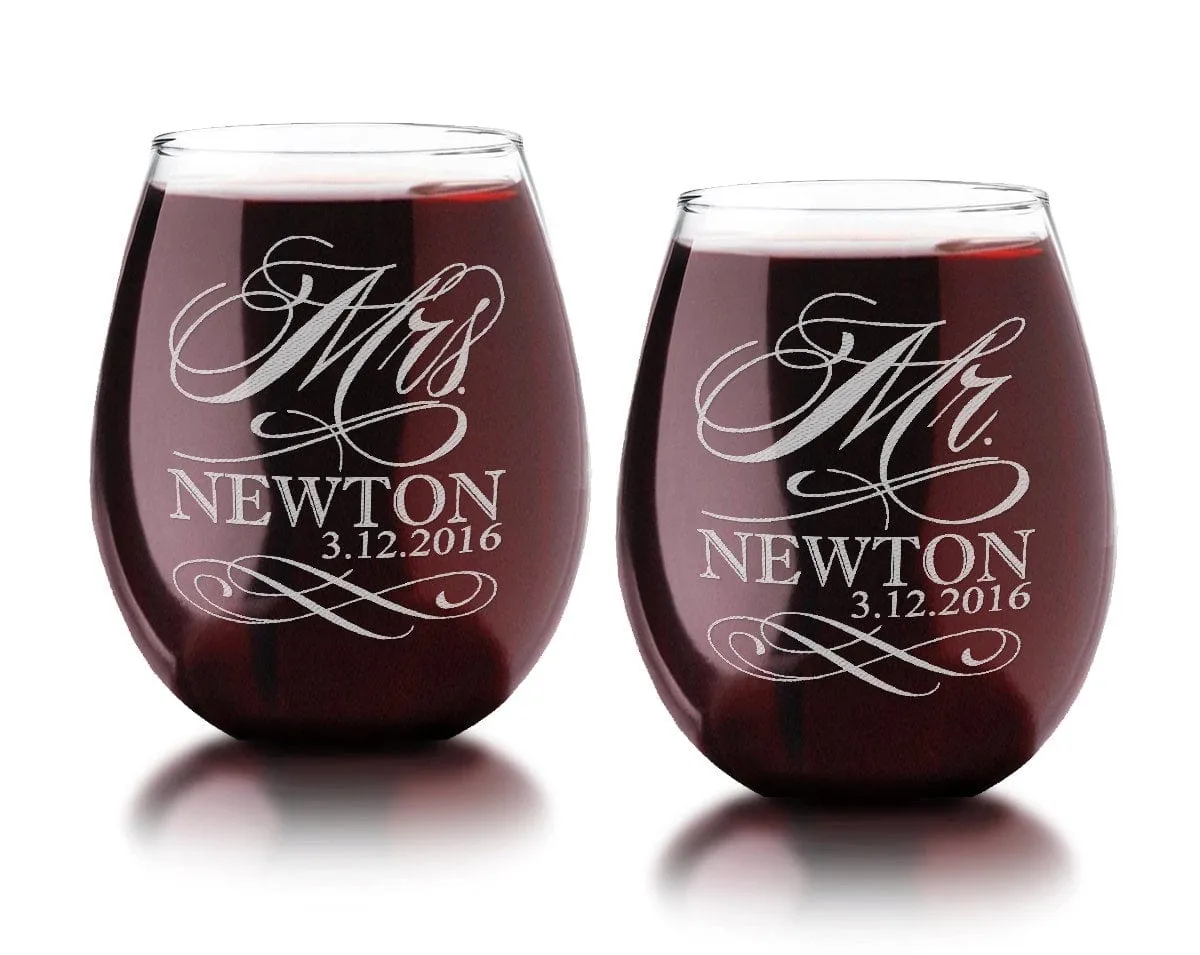 Set of 2 Personalized Mr. Mrs. Stemless Wine Glasses Last Name and Date Couples Wedding Anniversary Engagement Gift Custom Engraved Glasses