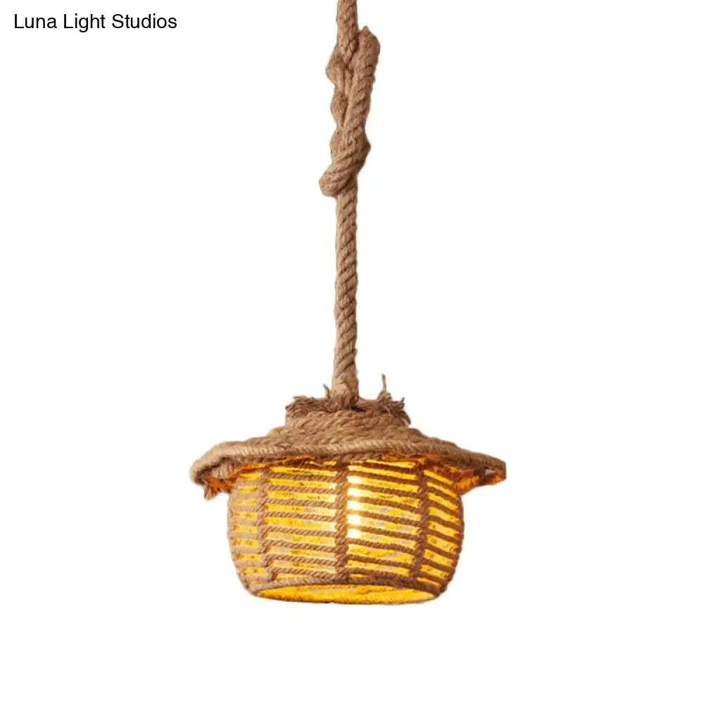 Stylish 1-Light Beige Hemp Rope Ceiling Light for Coffee Shops: House Suspended Light Lodge