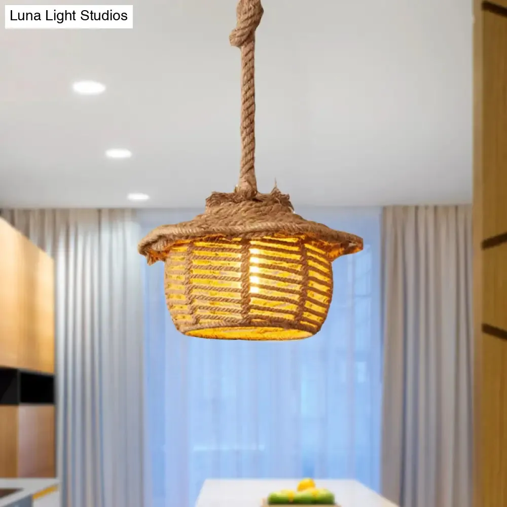 Stylish 1-Light Beige Hemp Rope Ceiling Light for Coffee Shops: House Suspended Light Lodge