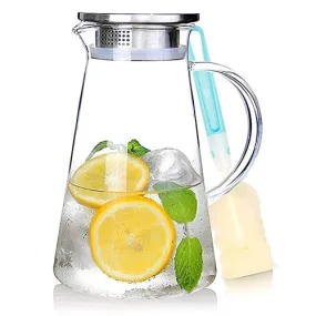 SUSTEAS 2.0 Liter 68oz Glass Pitcher with Lid, Easy Clean Heat Resistant Glass Water Carafe with Handle for Hot/Cold Beverages - Water, Cold Brew, Iced Tea & Juice, 1 Free Long-Handled Brush Included