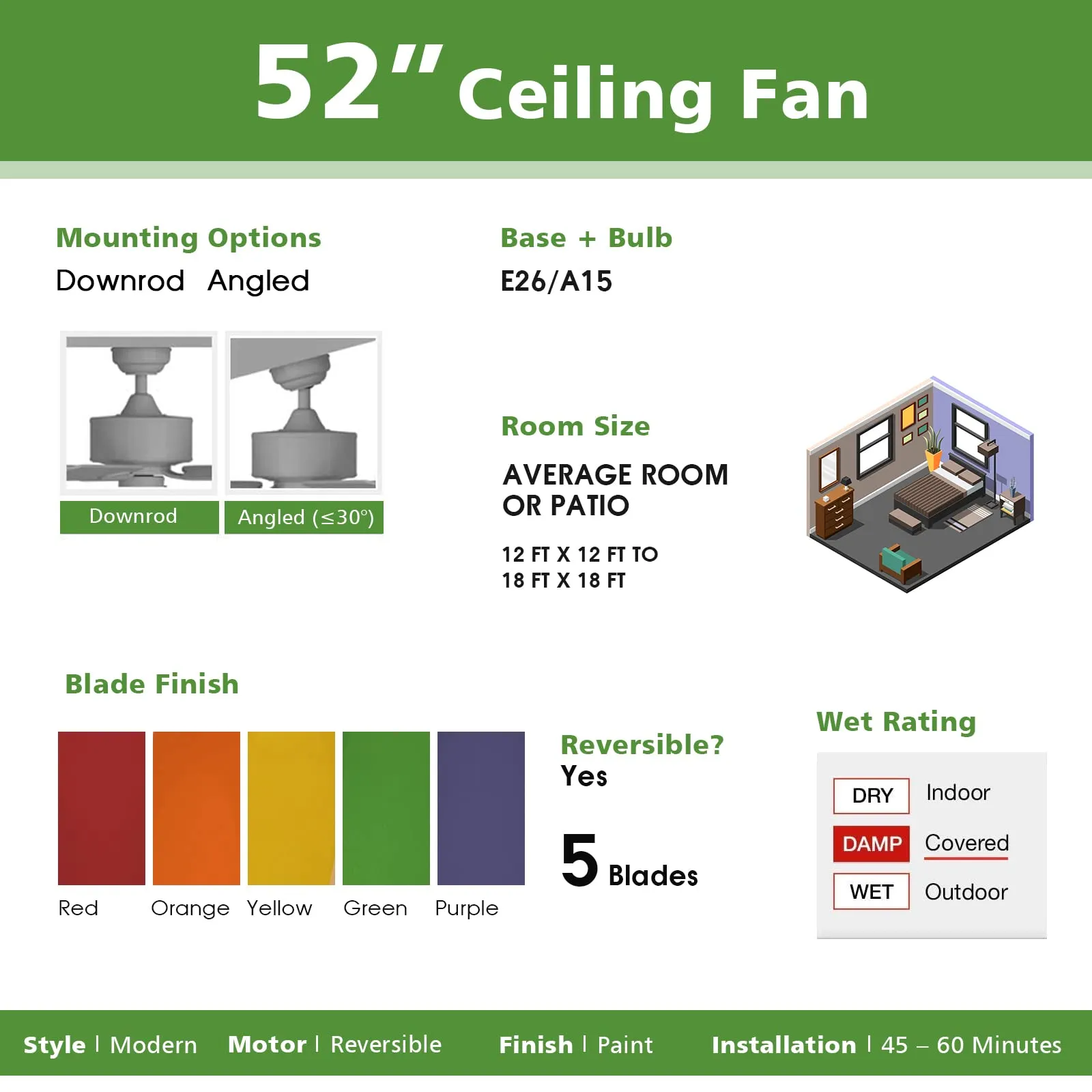 Tangkula 52"Ceiling Fan with Pull Chain Control, Kids Fan Light with 5 Colorful Blades and 3-Speed,Multi-Color