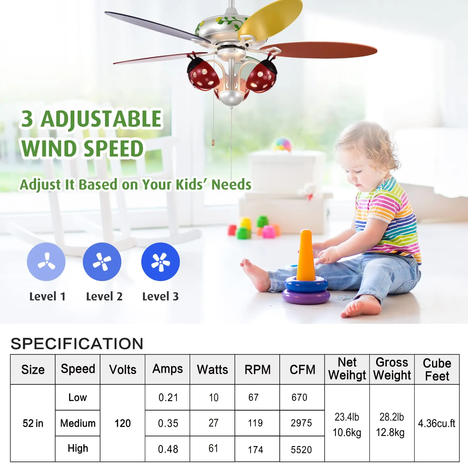 Tangkula 52"Ceiling Fan with Pull Chain Control, Kids Fan Light with 5 Colorful Blades and 3-Speed,Multi-Color