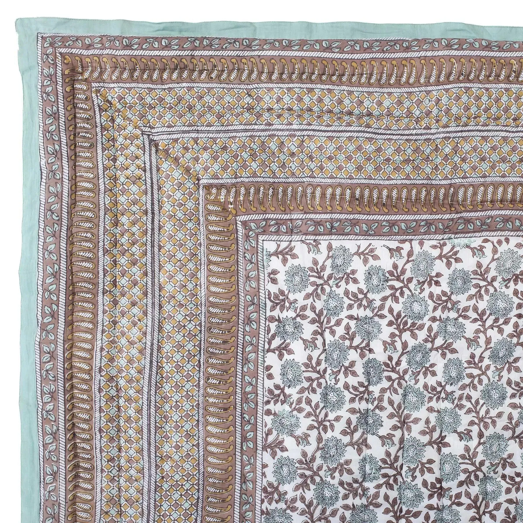 Tarang Jaal Mustard and Teal Hand Block Print Lightweight Cotton Quilt