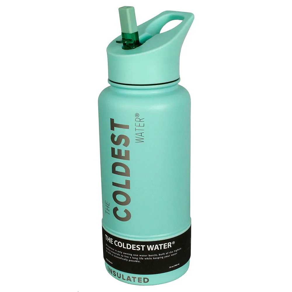 The Coldest Sports Water Bottle 32oz Straw Lid Stainless Steel Oceanic Green