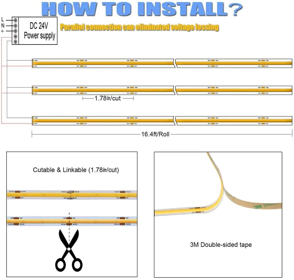 UL-Listed LED Strip Lights, Warm White  Flexible COB Led Light Strip.