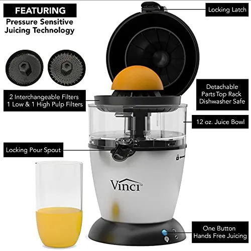 Vinci Hands-Free Electric Citrus Juicer | 1-Button Easy Press Lemon Lime Orange Grapefruit Juice Squeezer Easy to Clean Juicer Machine, Black/Stainless Steel