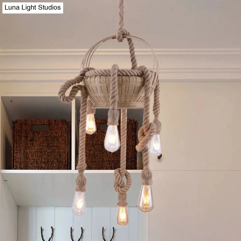 Vintage Beige Hemp Rope Chandelier - Rustic Hanging Light for Living Room