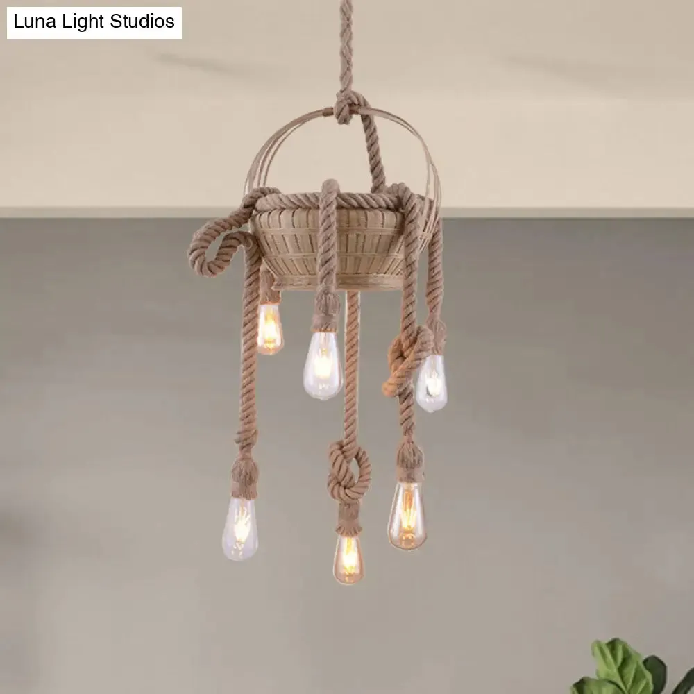 Vintage Beige Hemp Rope Chandelier - Rustic Hanging Light for Living Room