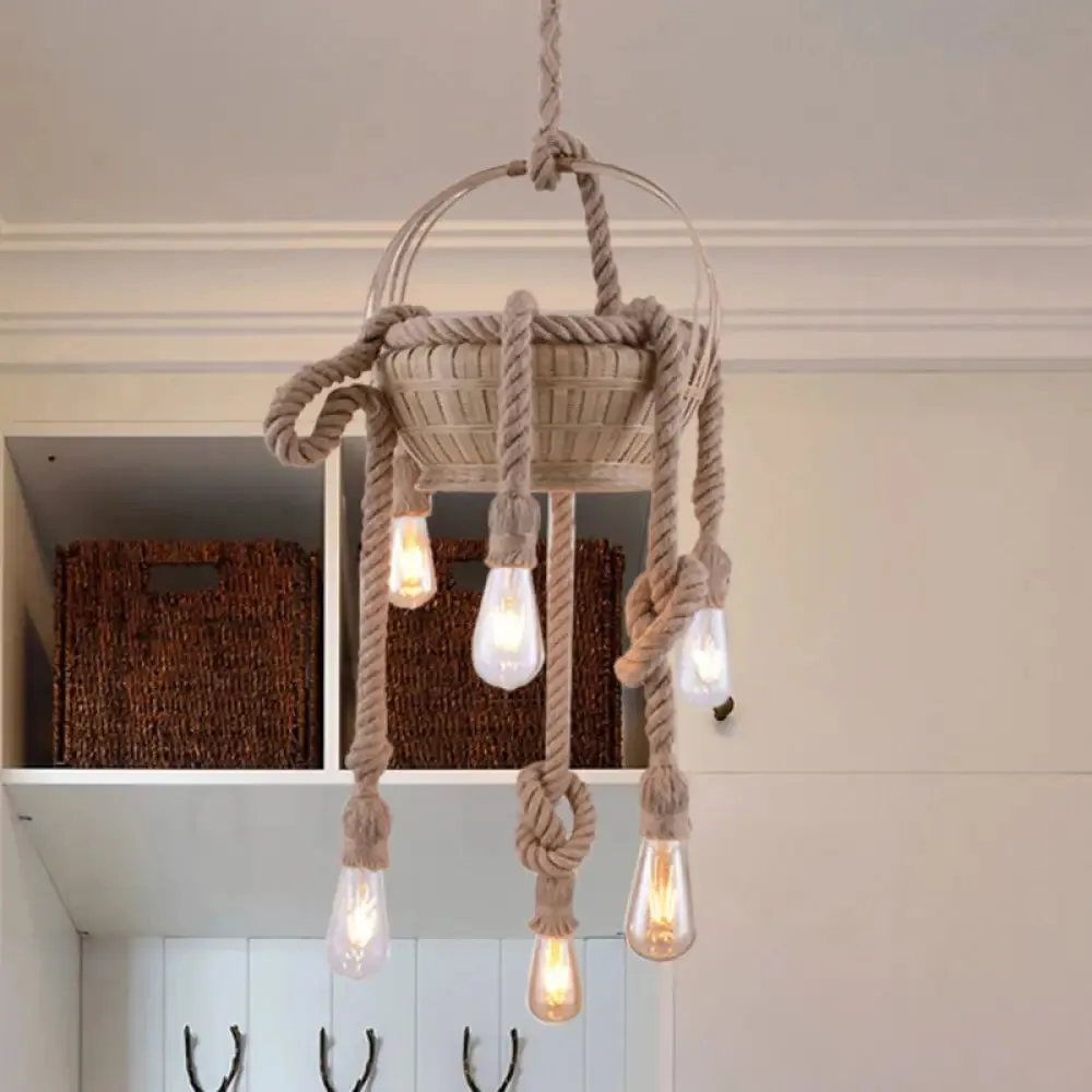 Vintage Beige Hemp Rope Chandelier - Rustic Hanging Light for Living Room