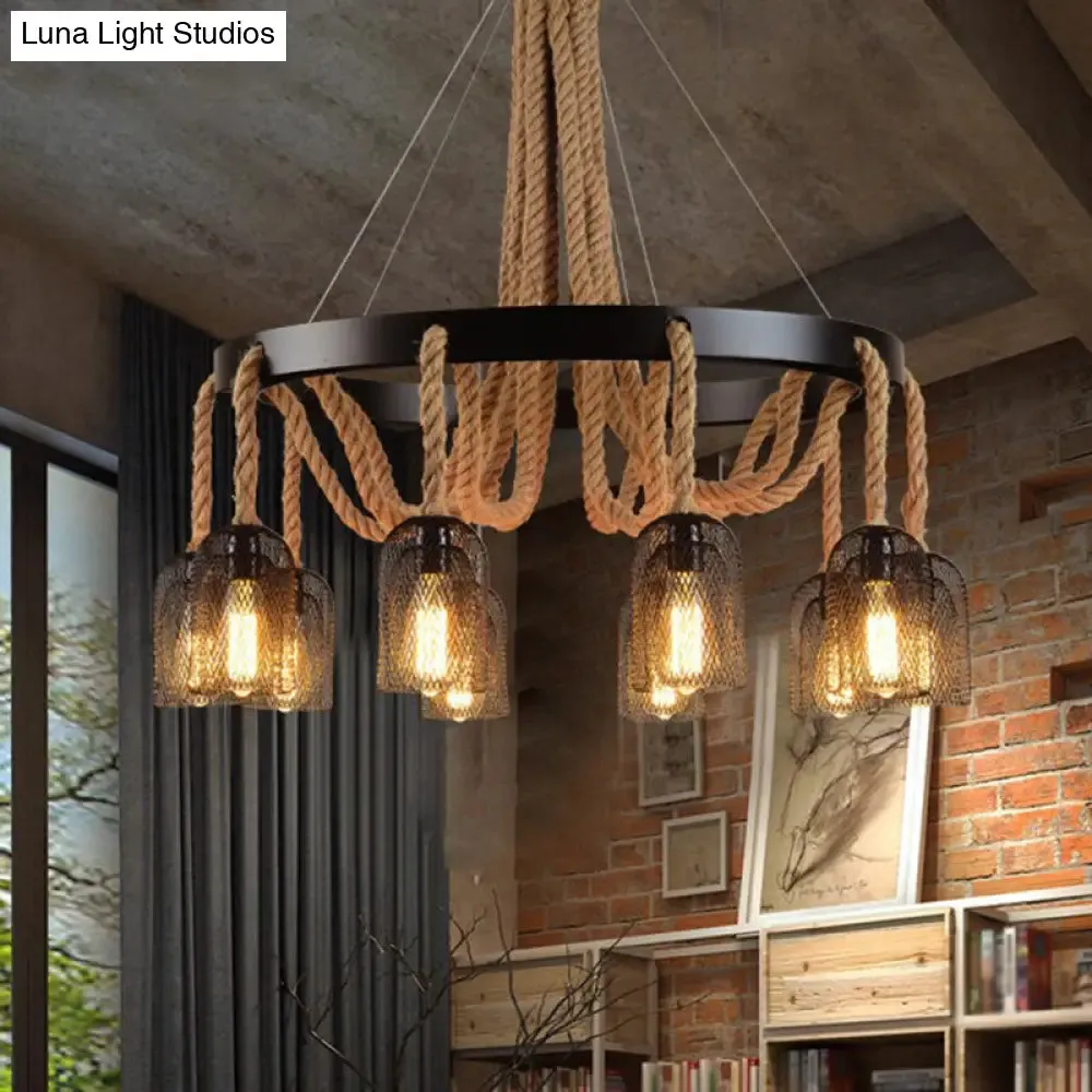 Vintage Iron Chandelier Pendant Light with Rope Detail for Restaurants - Black