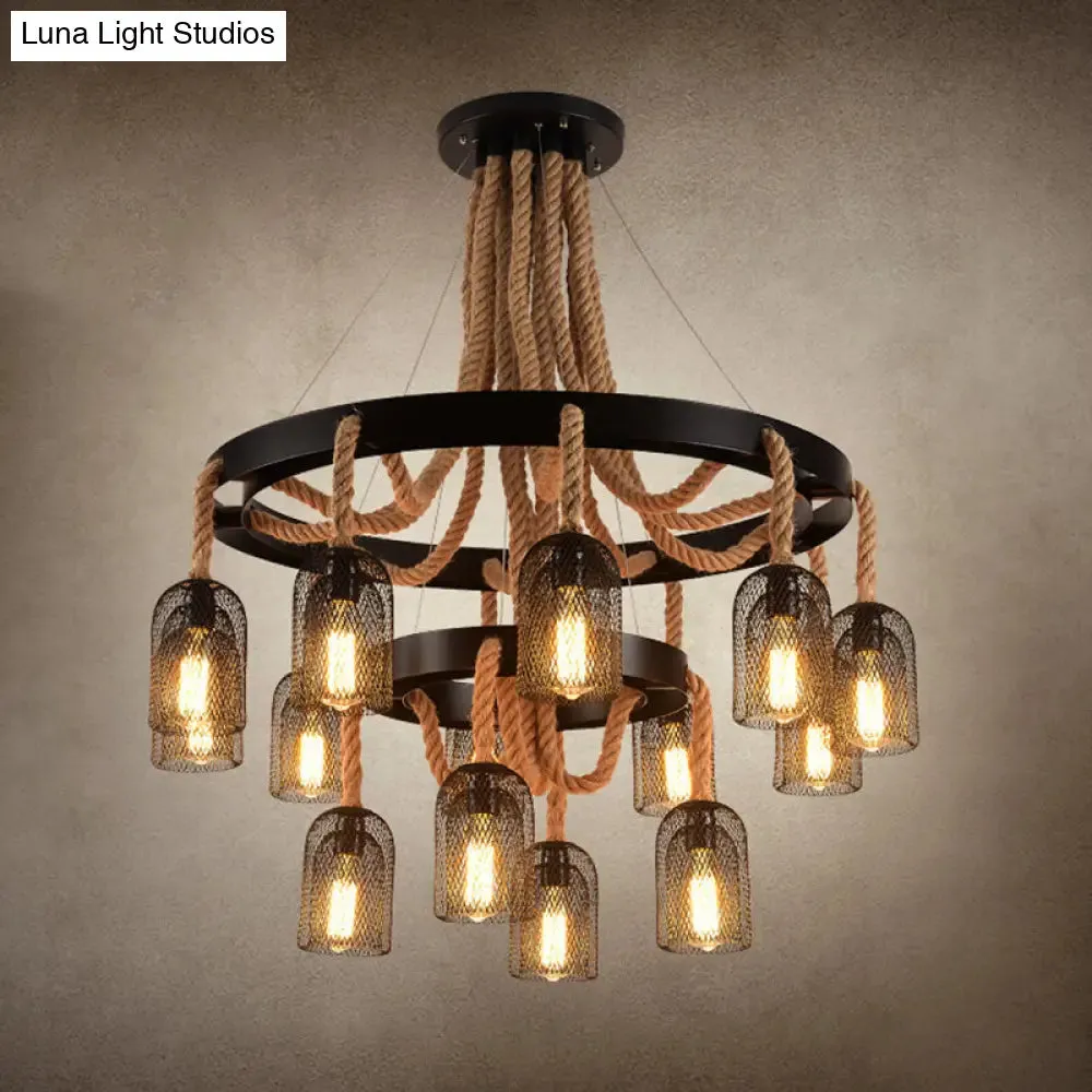 Vintage Iron Chandelier Pendant Light with Rope Detail for Restaurants - Black