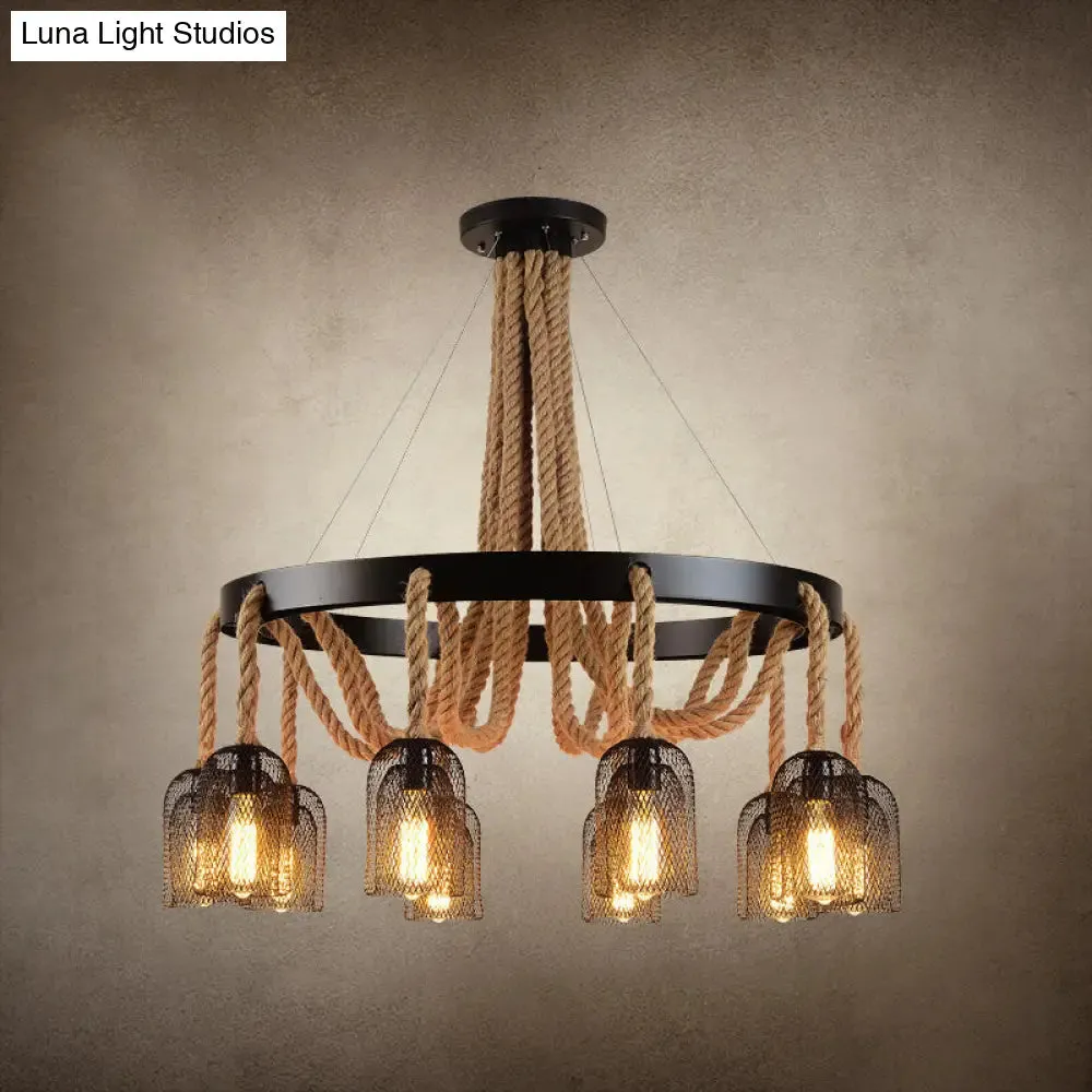 Vintage Iron Chandelier Pendant Light with Rope Detail for Restaurants - Black