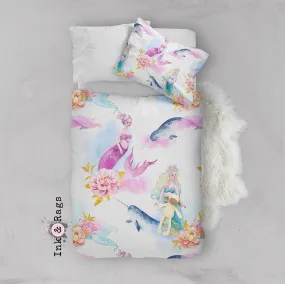 Watercolor Mermaid Narwhal and Peony Crib and Toddler Bedding Collection