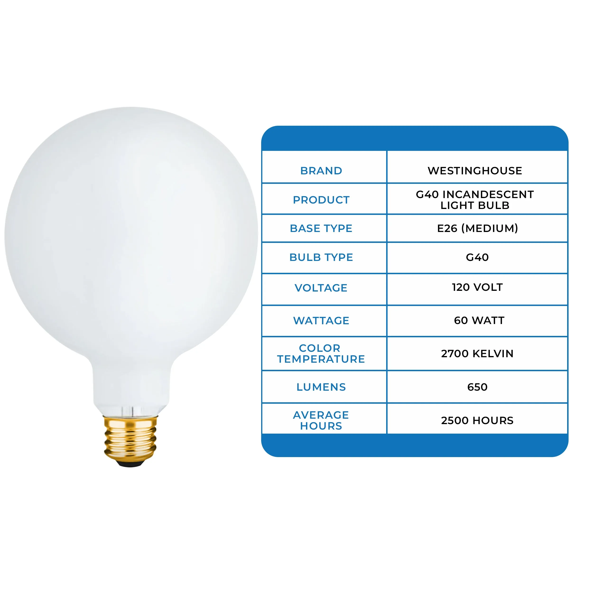 Westinghouse 0310700 60 Watt Incandescent G40 Globe - 2700 Kelvin - Warm White - 650 Lumens - E26-Medium Base - 120 Volt - Box