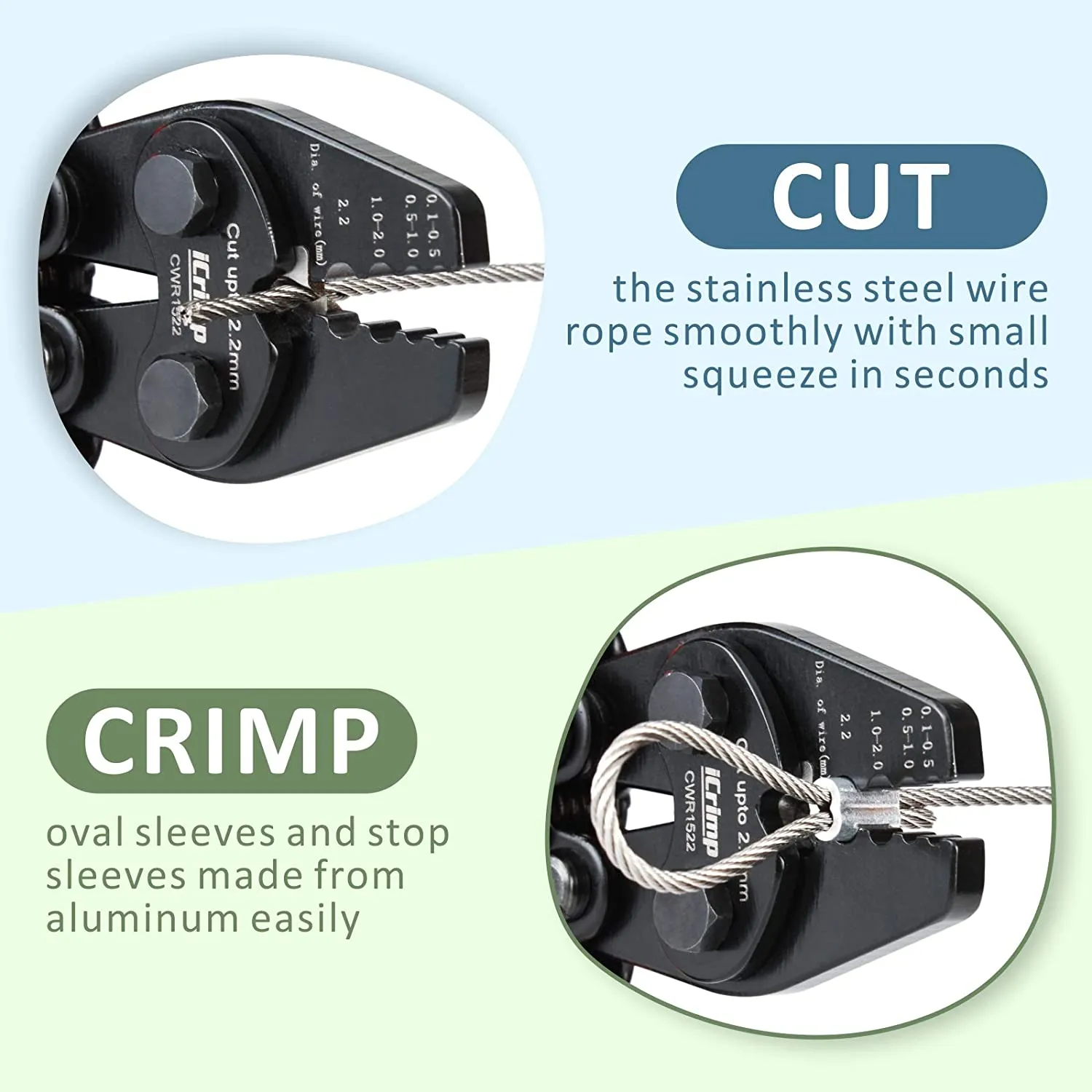 Wire Rope Crimping Tool with Cutting Function for 0.1~2.2mm Aluminum Oval Sleeves, Alloy Double Sleeves