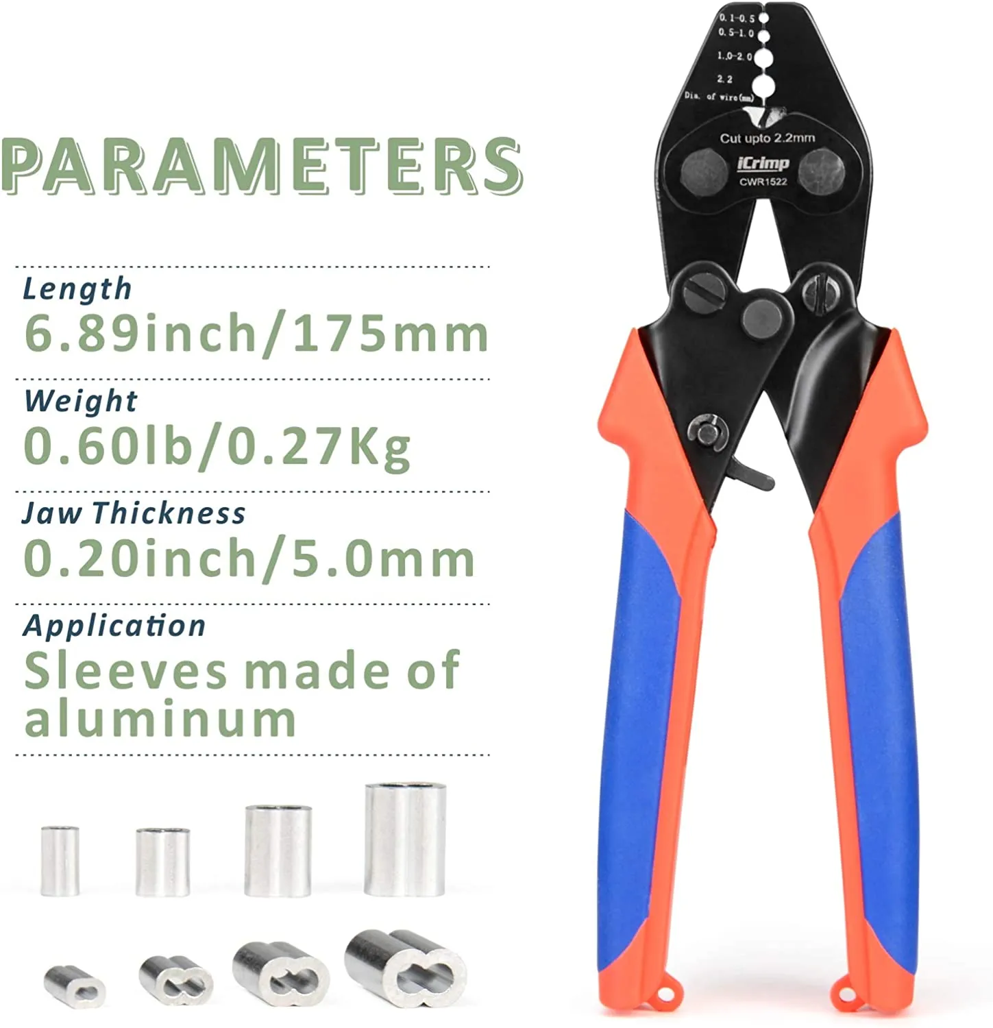 Wire Rope Crimping Tool with Cutting Function for 0.1~2.2mm Aluminum Oval Sleeves, Alloy Double Sleeves