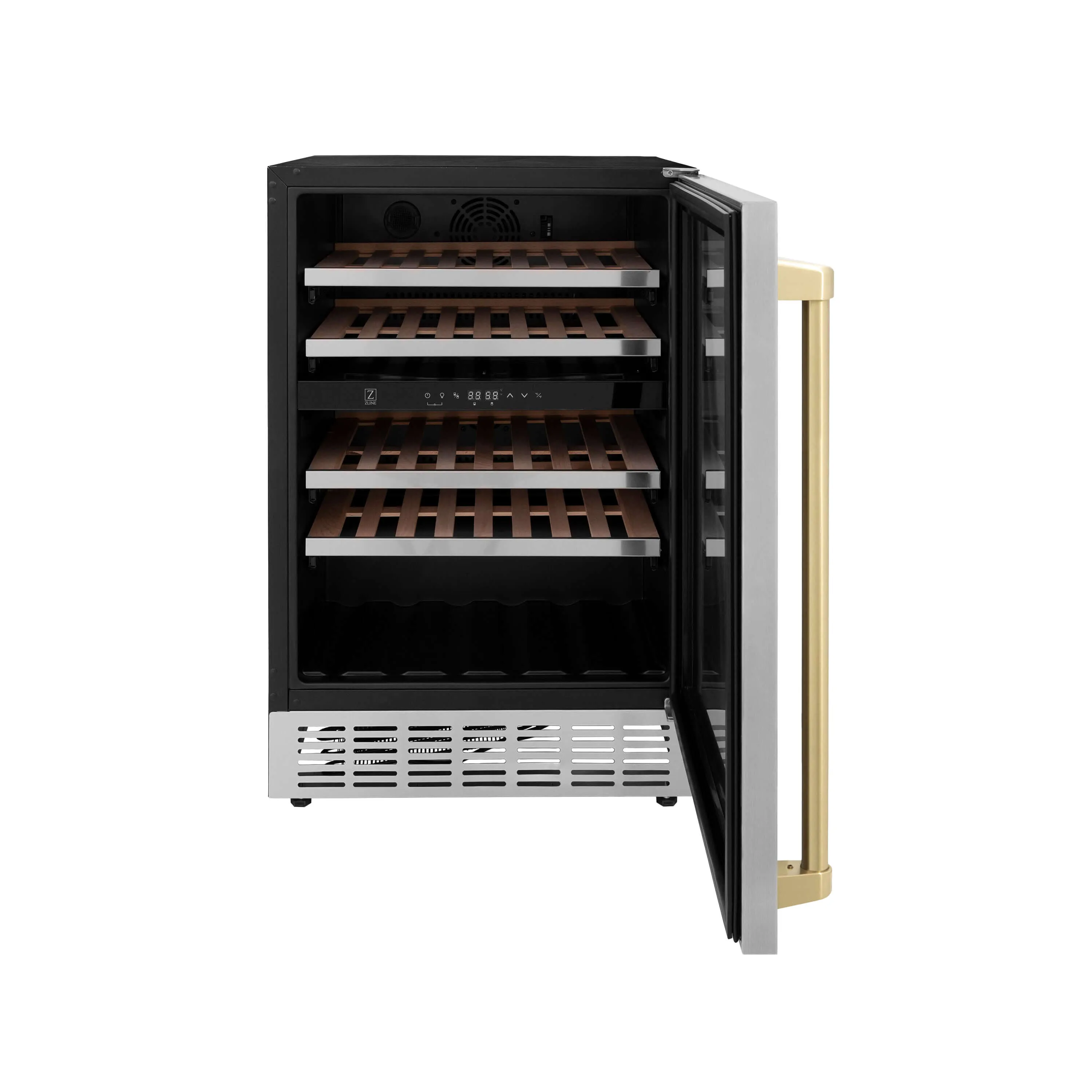 ZLINE Autograph Edition 24 in. Monument Dual Zone 44-Bottle Wine Cooler in Stainless Steel with Champagne Bronze Accents (RWVZ-UD-24-CB)